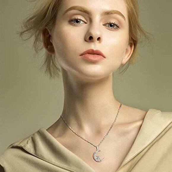 Sterling Silver Crescent Moon Star Necklace Cubic Zirconia Jewelry for Teen & Wo - Picture 6 of 9